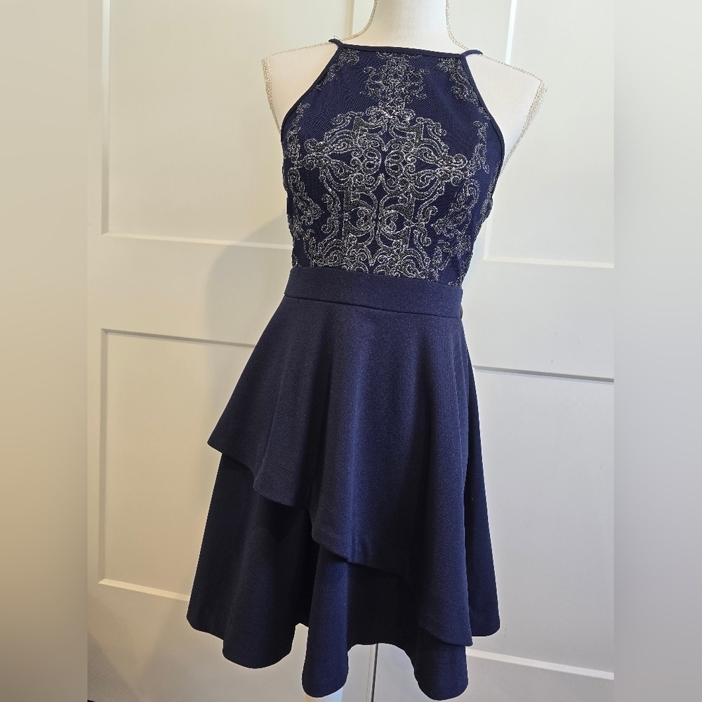 Speechless Blue and Silver Tiered Cocktail Dress - Picture 2 of 9